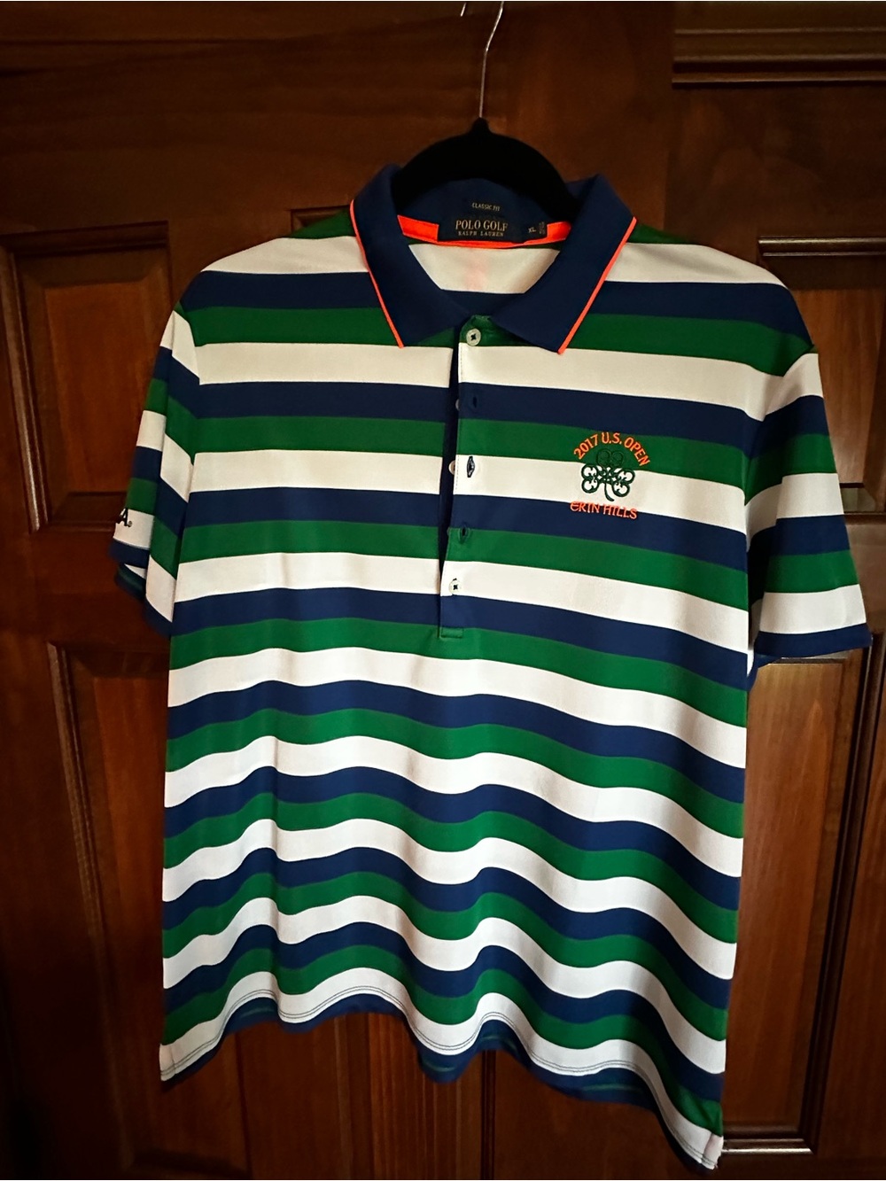 Ralph Lauren Polo Golf Shirt in Navy, Green & White with Orange Trim